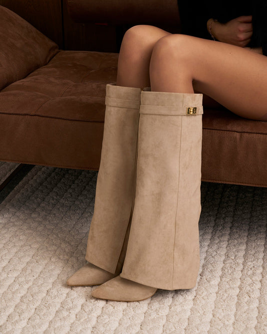 Elise | Suede Knee-High Boots - Beige