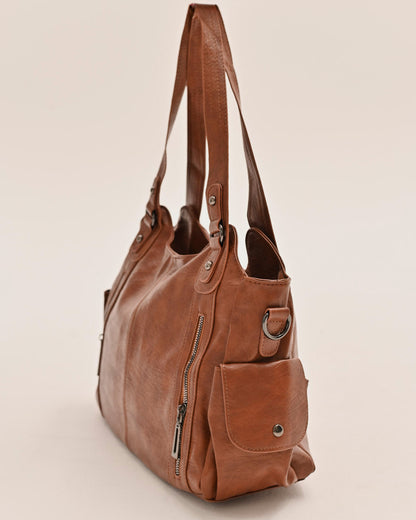 Edyisa camel shoulder bag open, showing the roomy interior