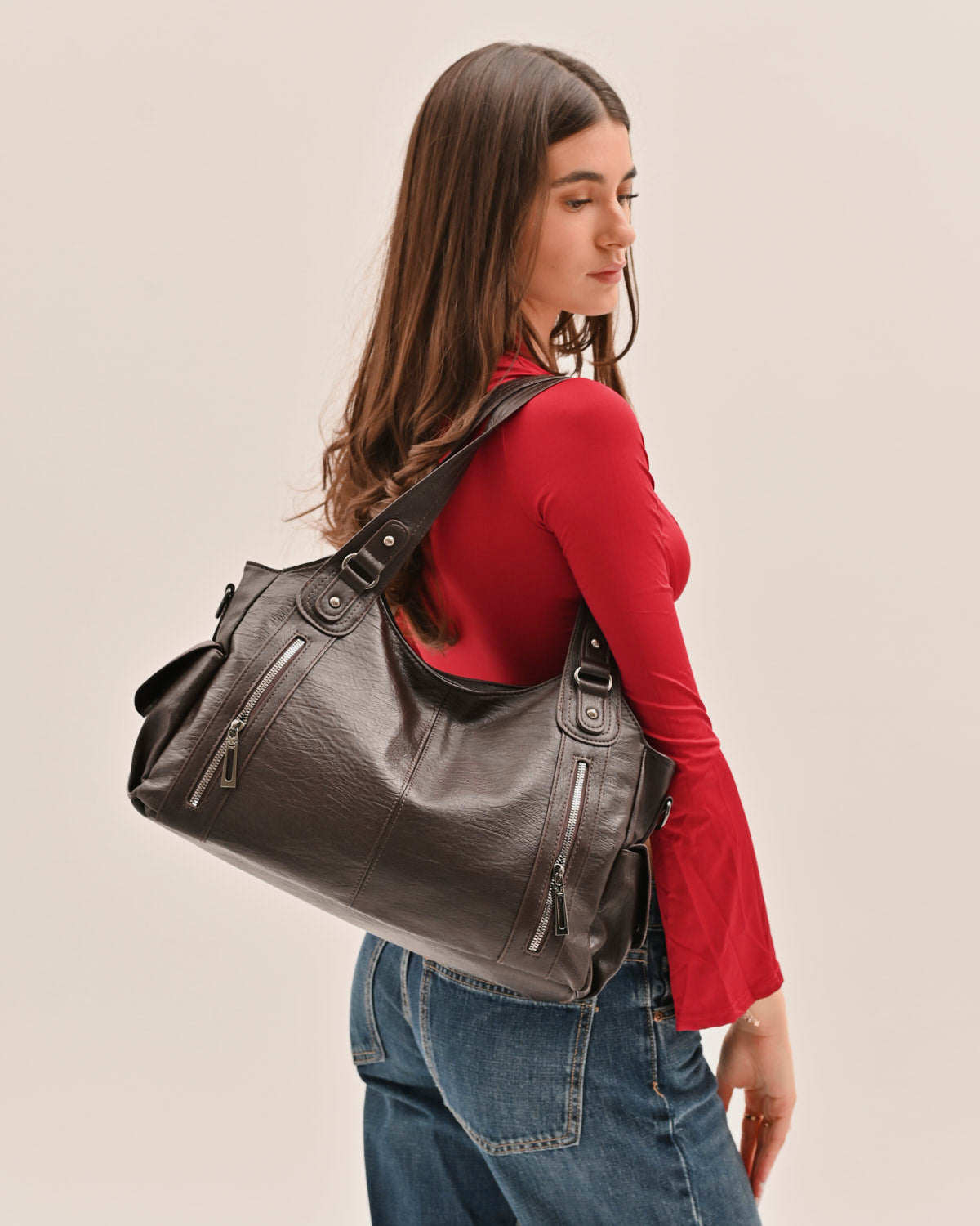 Edyisa brown everyday city shoulder bag, front view