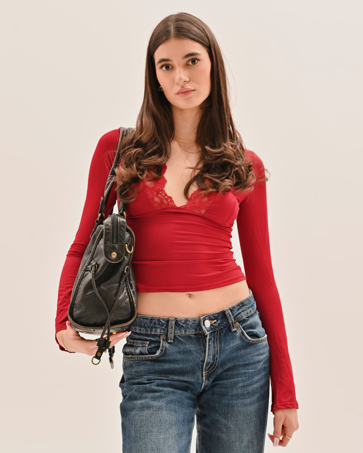 Edyisa black leather city bag open, showing the organized interior