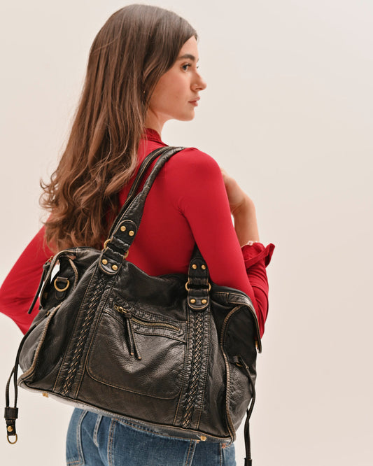 Edyisa black vintage leather city bag, front view