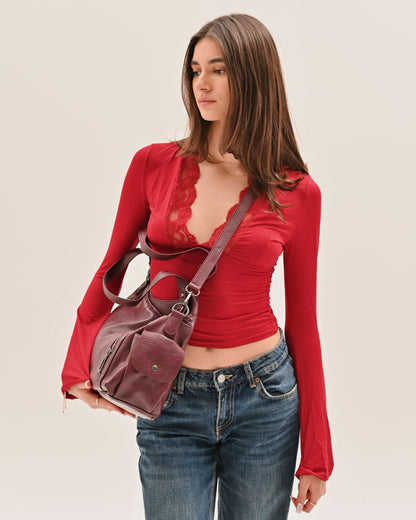Edyisa burgundy shoulder bag worn over one shoulder