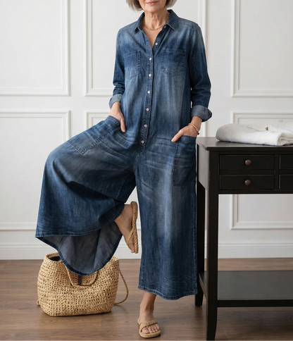Willow | Vintage Washed Soft Cotton Denim Jumpsuit with Button Closure