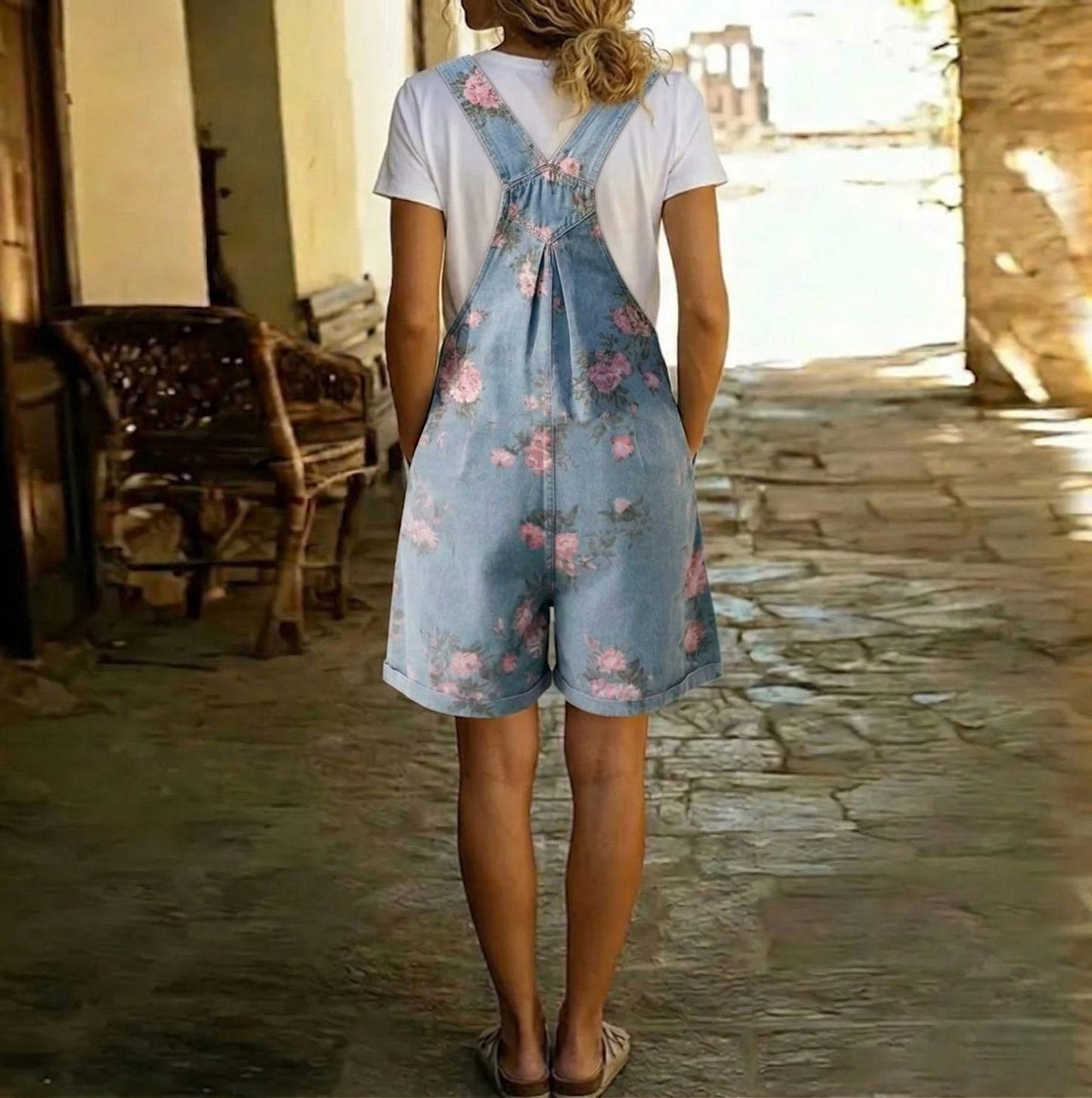 Amber | Vintage Washed Soft Cotton Feel Denim Floral Jumpsuit