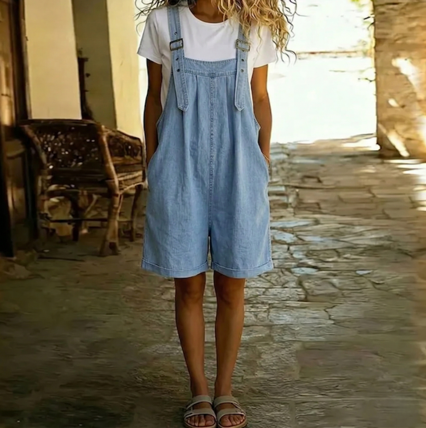 Freya | Vintage Washed Soft Cotton Feel Denim Short Overall Light blue
