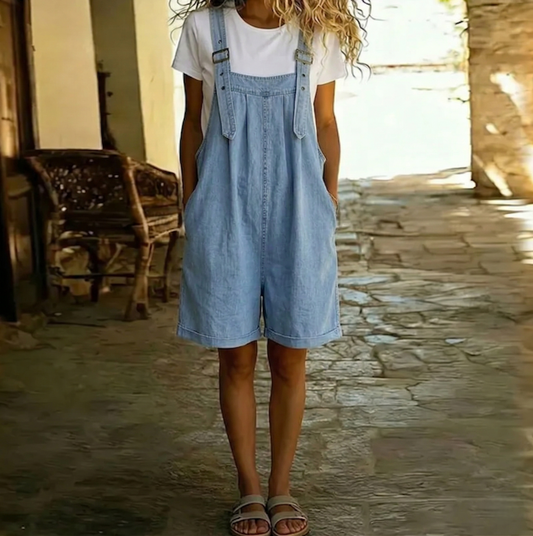 Freya | Vintage Washed Soft Cotton Feel Denim Short Overall Light blue