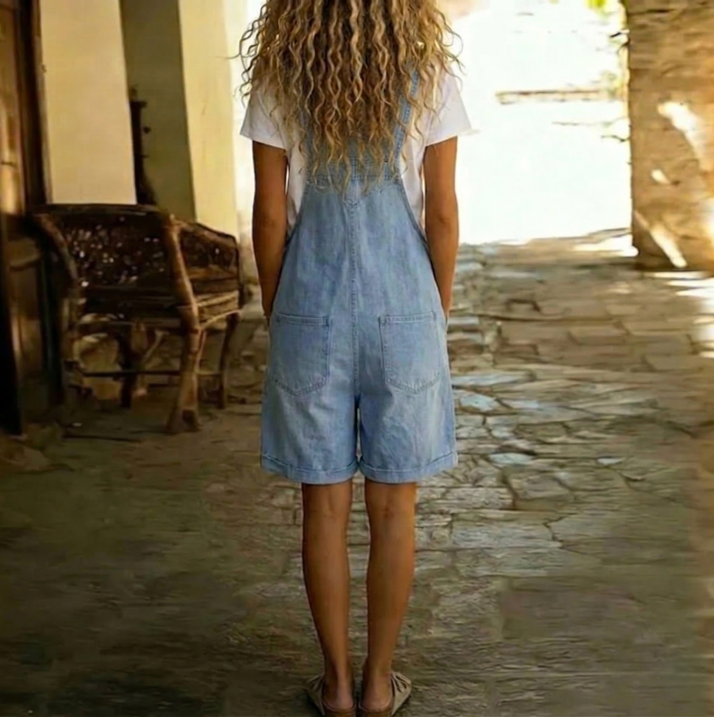 Freya | Vintage Washed Soft Cotton Feel Denim Short Overall Light blue
