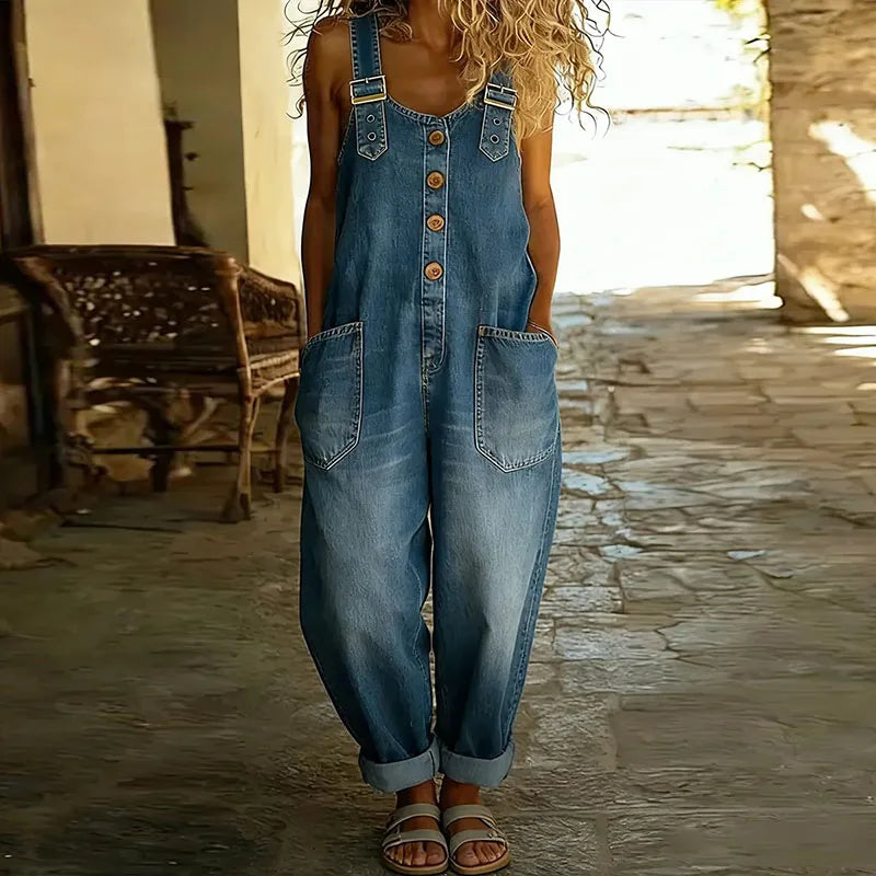 Celeste | Vintage Soft Cotton Denim-Look Overalls with Adjustable straps