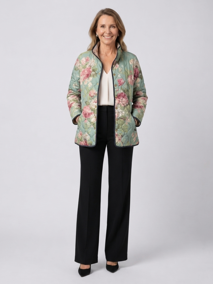 Woman wearing the Rosemary quilted vintage rose jacket open over an ivory top with black trousers