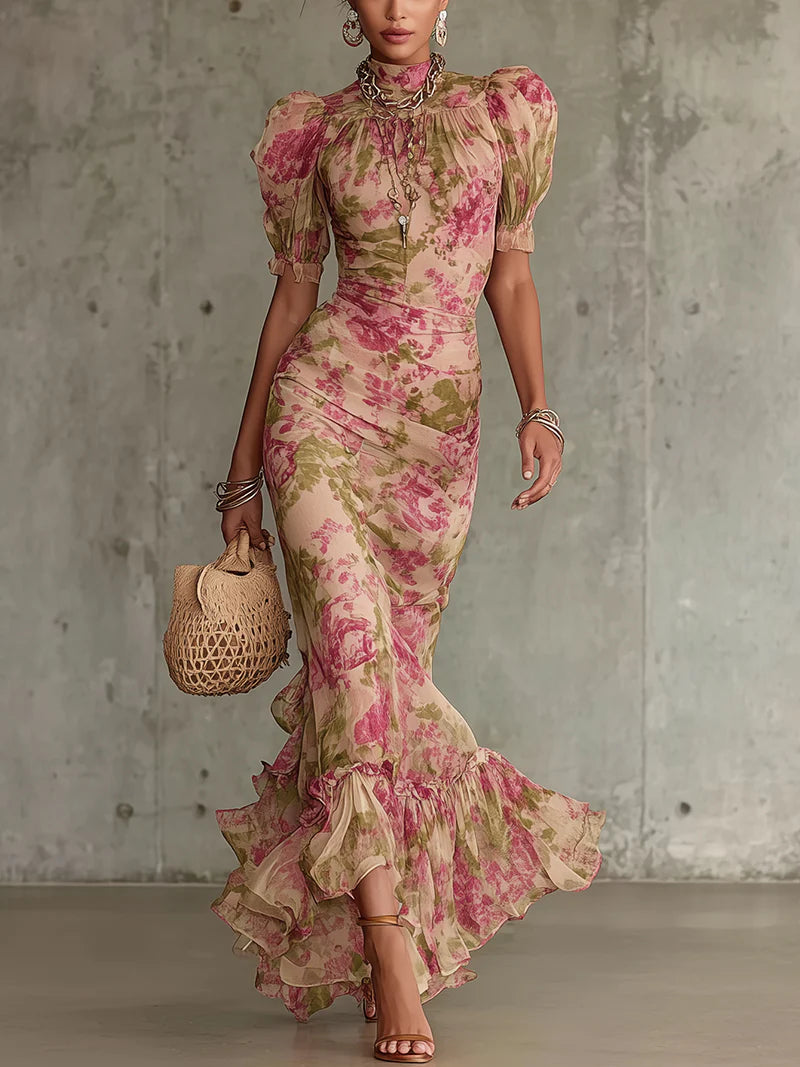 Autumn™ | Vintage Rose Print Puff Sleeve Maxi Dress