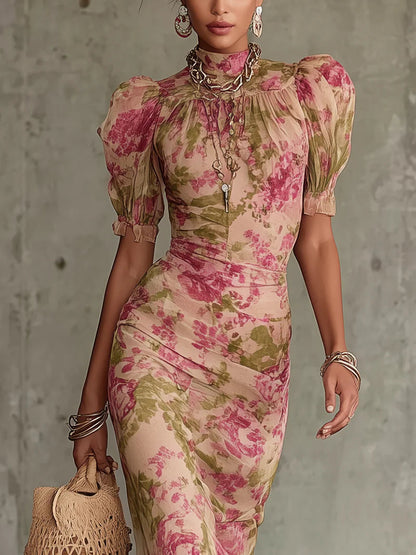 Autumn™ | Vintage Rose Print Puff Sleeve Maxi Dress