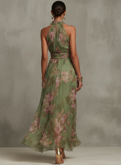 Kennedy™ | Green Floral Chiffon Halter Maxi Dress