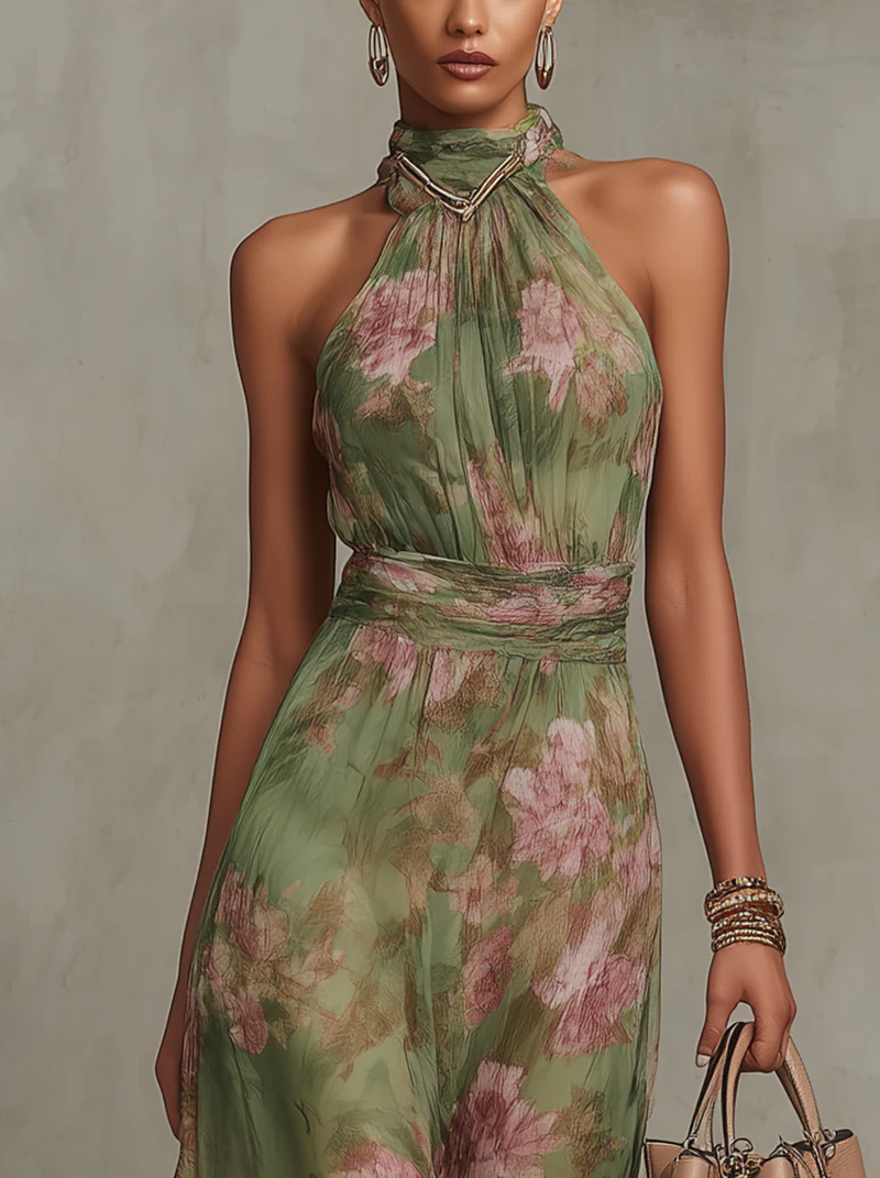 Kennedy™ | Green Floral Chiffon Halter Maxi Dress