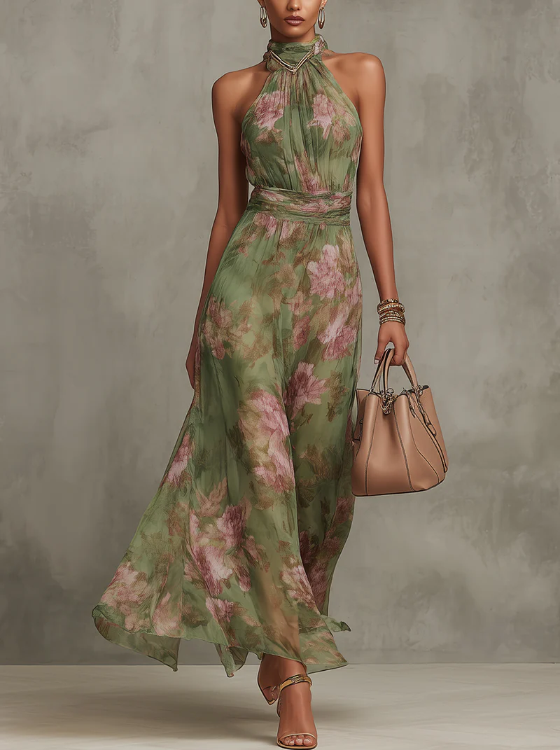 Kennedy™ | Green Floral Chiffon Halter Maxi Dress