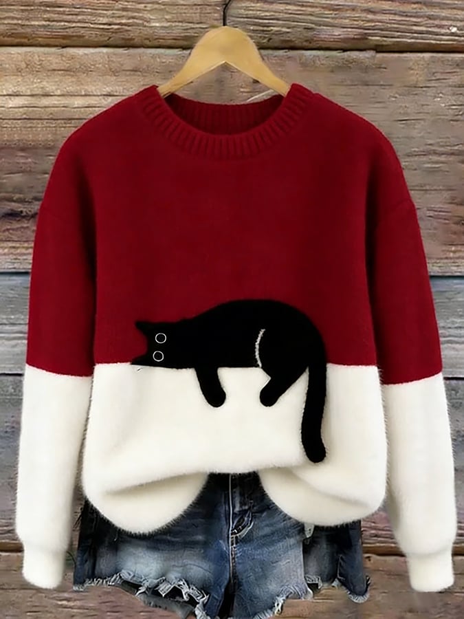 Bonnie cat print oversized sweater in burgundy with a sleeping cat across the cream color-block front