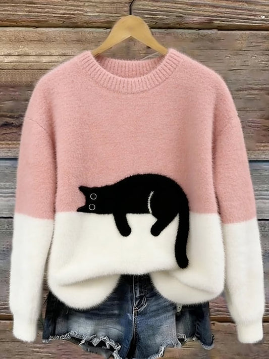 Bonnie cat print oversized sweater in pink with a sleeping cat across the cream color-block front