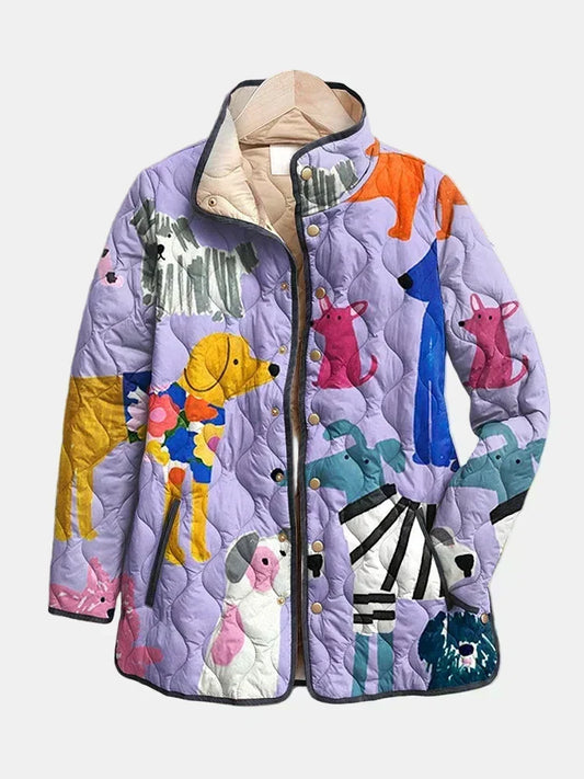 Josephine quilted jacket shown flat: hand-drawn dogs in mustard, coral and charcoal on soft lilac, stand collar and dark piping