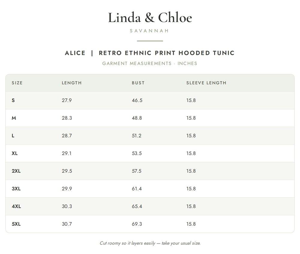 Alice | Retro Ethnic Print Hooded Tunic Size Chart