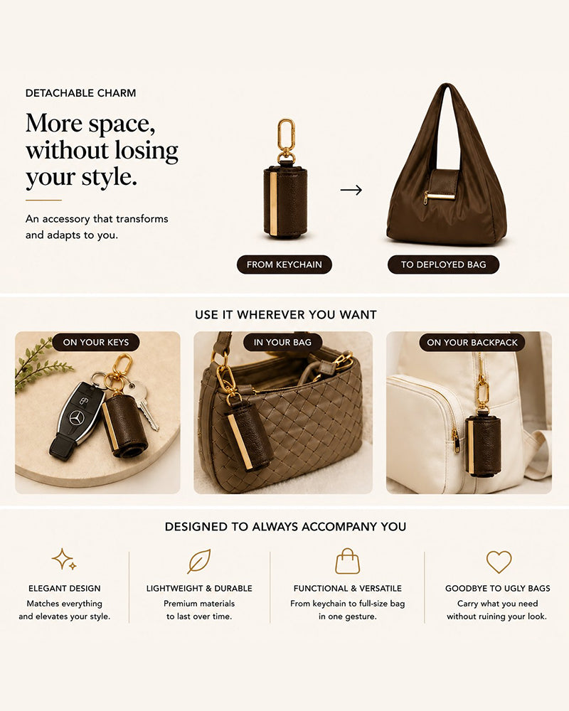 Varelli charm clipped onto a handbag next to the unfolded vegan leather tote