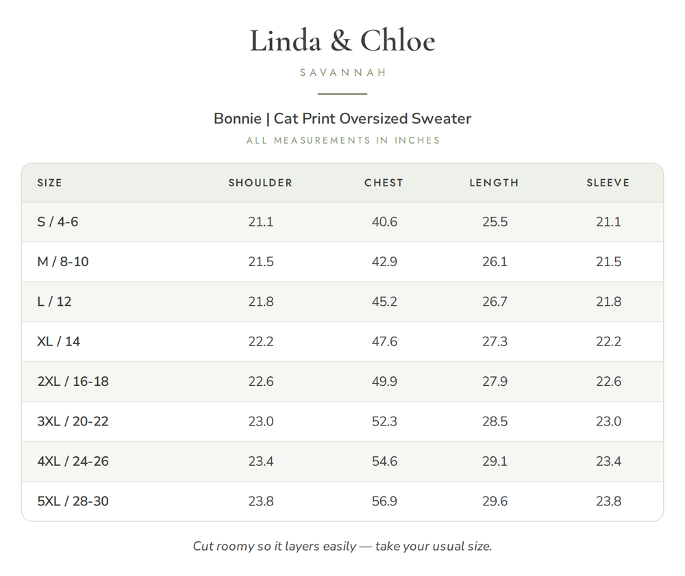 Bonnie | Cat Print Oversized Sweater Size Chart