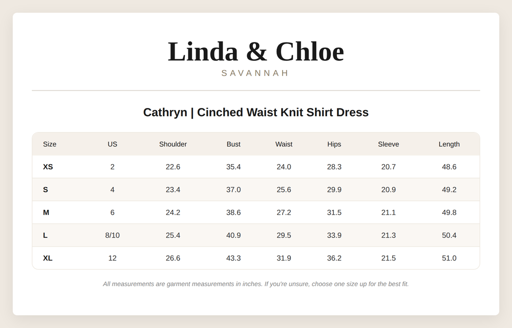 Cathryn | Cinched Waist Knit Shirt Dress Size Chart