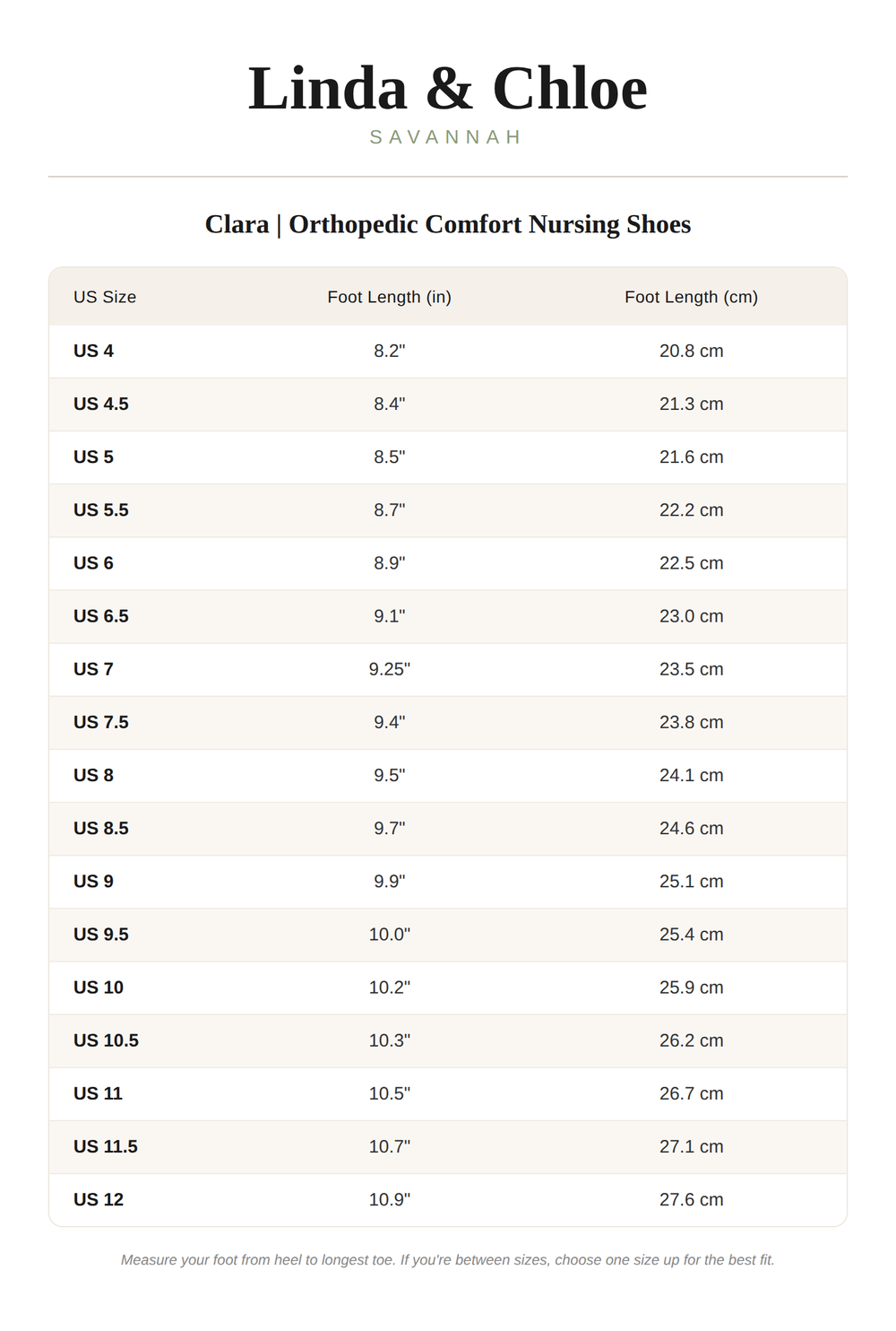 Clara | Orthopedic Comfort Nursing Shoes - Mocha (Light Brown) Size Chart