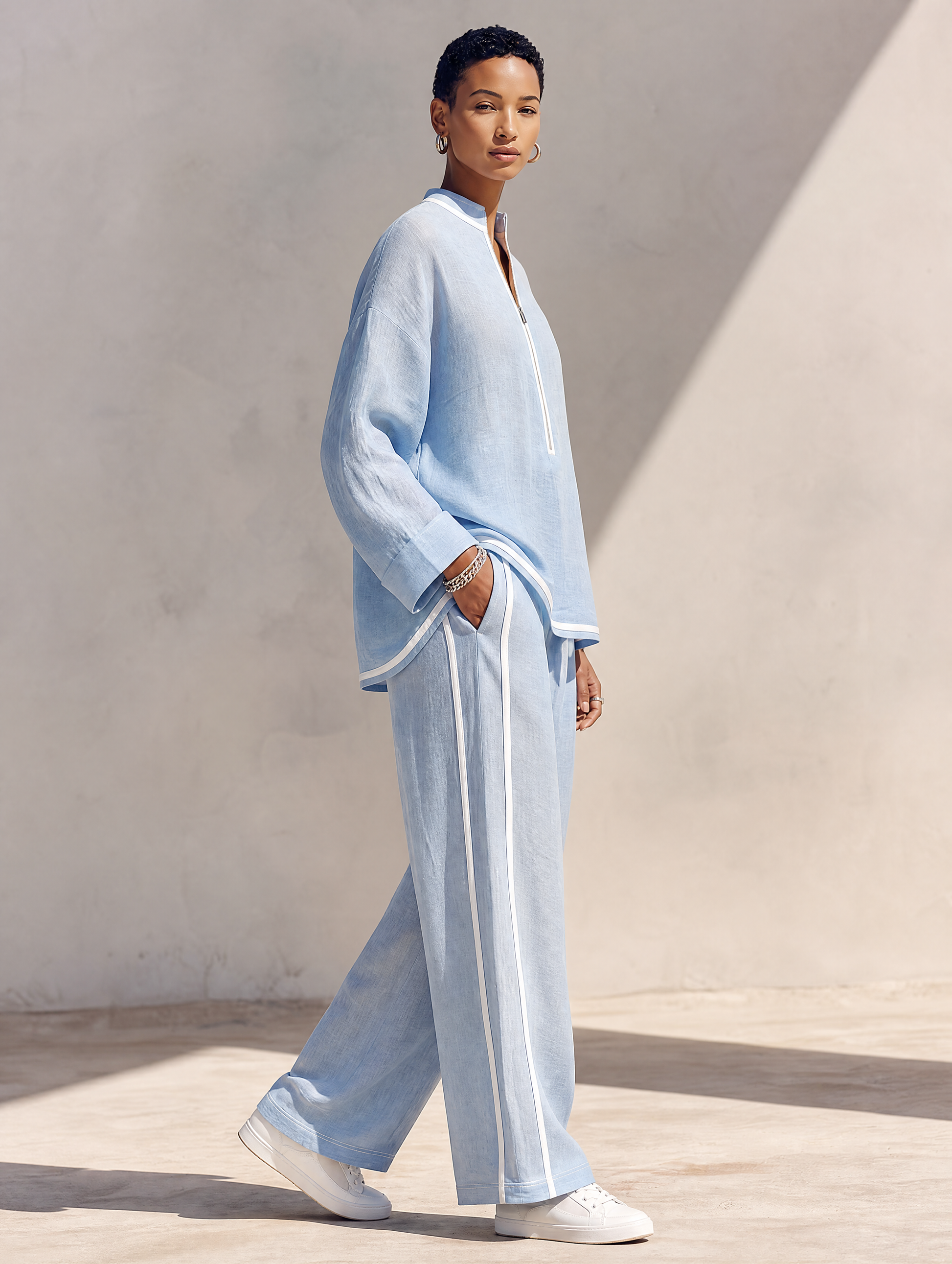 Side view of the light blue linen two-piece set