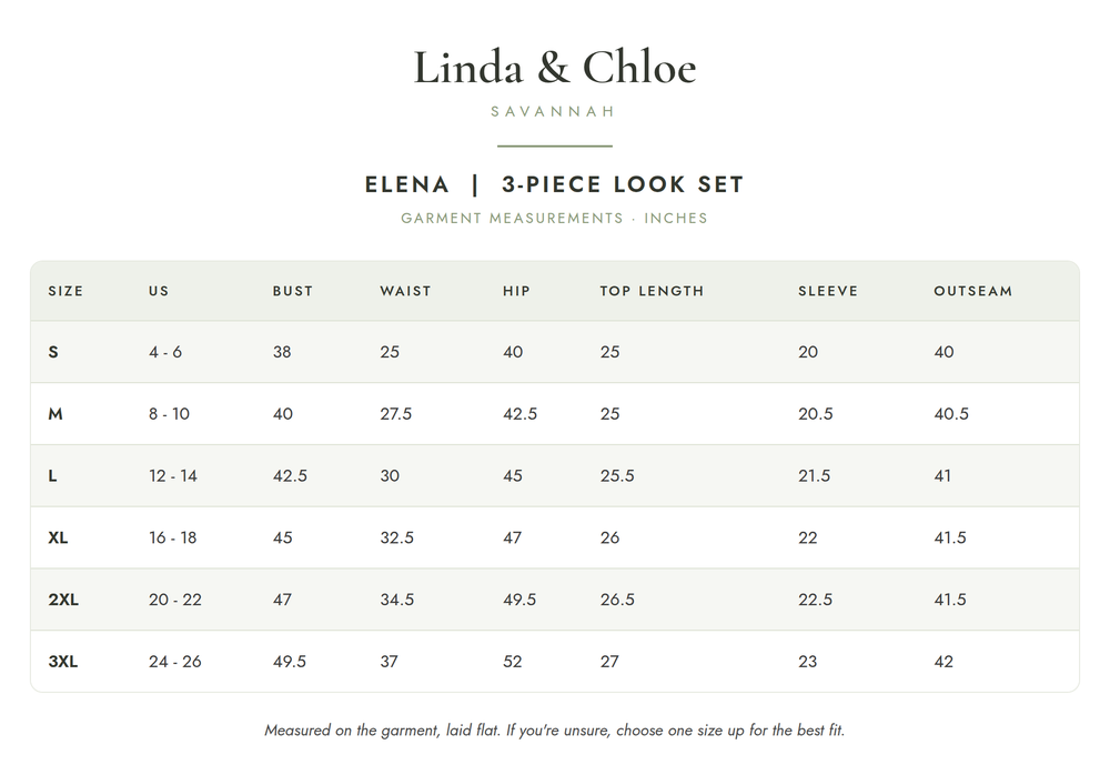 Elena - 3-Piece Look Set Size Chart