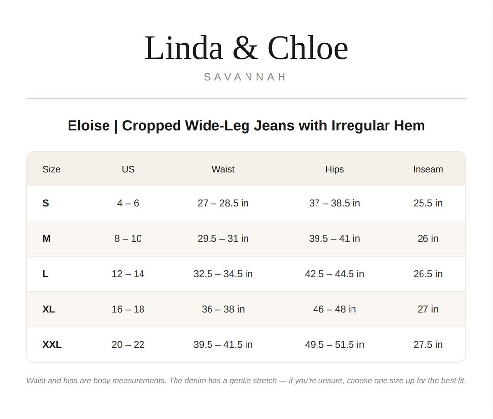 Eloise | Cropped Wide-Leg Jeans with Irregular Hem Size Chart