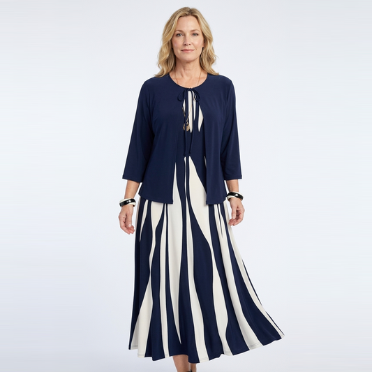 Elyne Elegant Two-Piece Dress Set in navy blue - open-front jacket with three-quarter sleeves over a sleeveless wave-print maxi dress