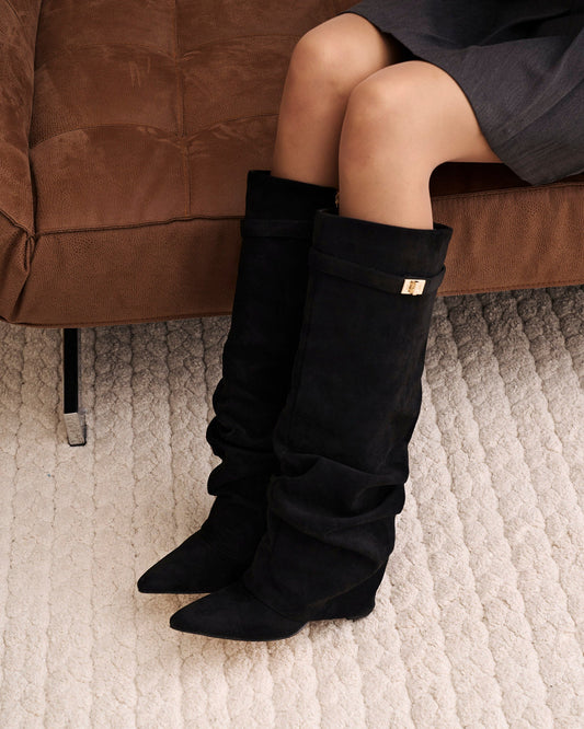 Jade | Slouchy Suede Knee-High Boots - Black