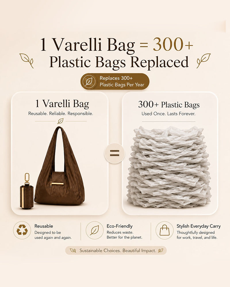 Varelli vegan leather tote bag carried while shopping instead of plastic bags