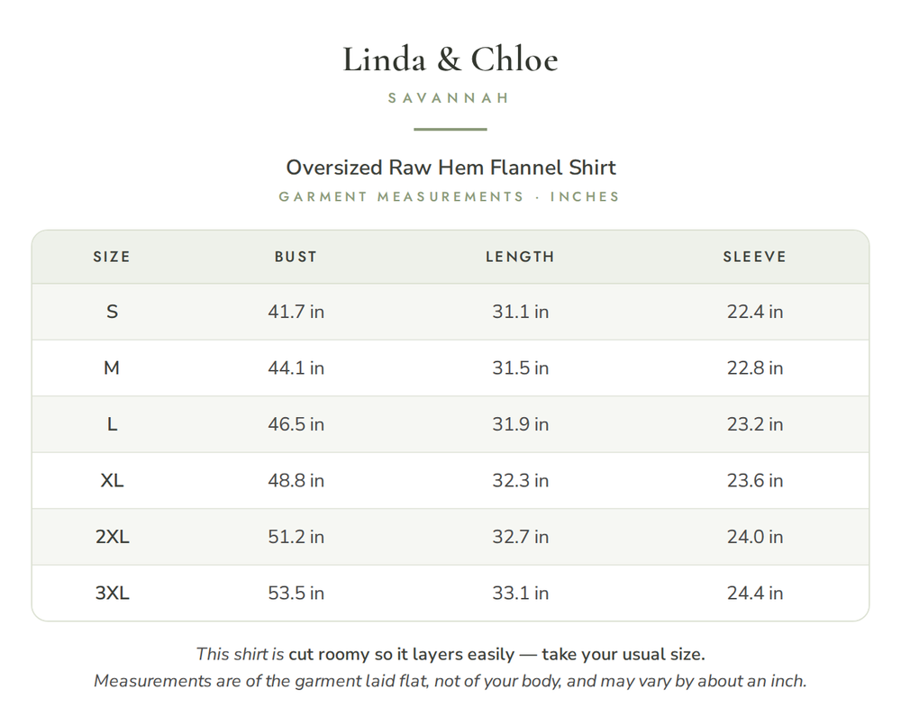 Marlowe | Oversized Raw Hem Flannel Shirt Size Chart