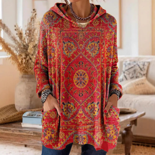 Alice retro ethnic print hooded tunic in red, loose tunic fit with long sleeves and a hood