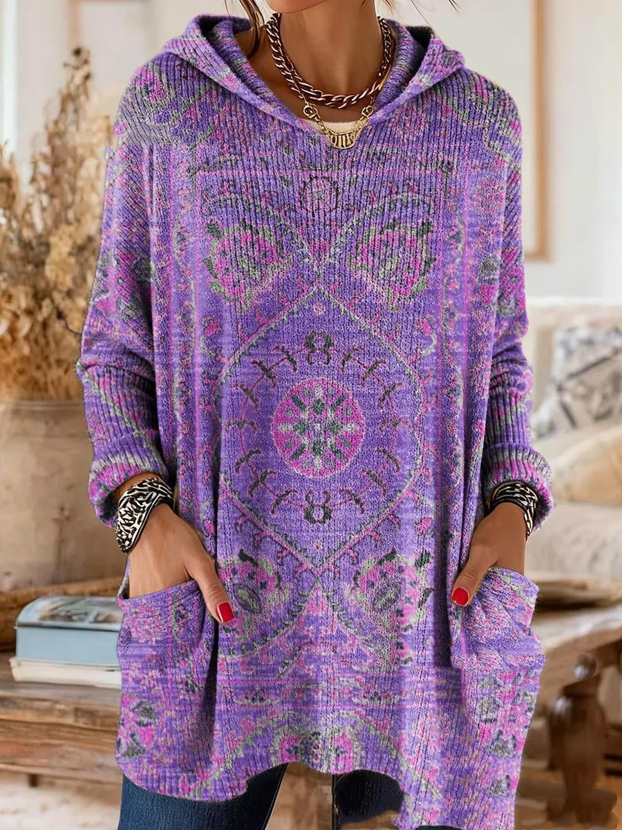 Alice retro ethnic print hooded tunic in purple, loose tunic fit with long sleeves and a hood