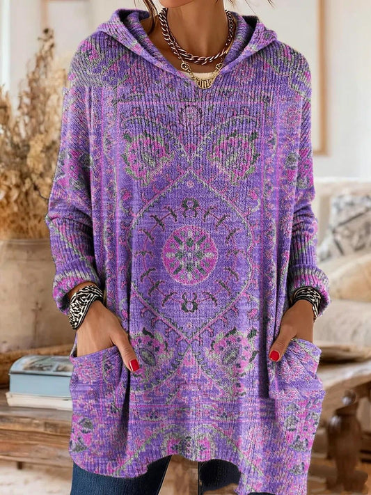 Alice retro ethnic print hooded tunic in purple, loose tunic fit with long sleeves and a hood