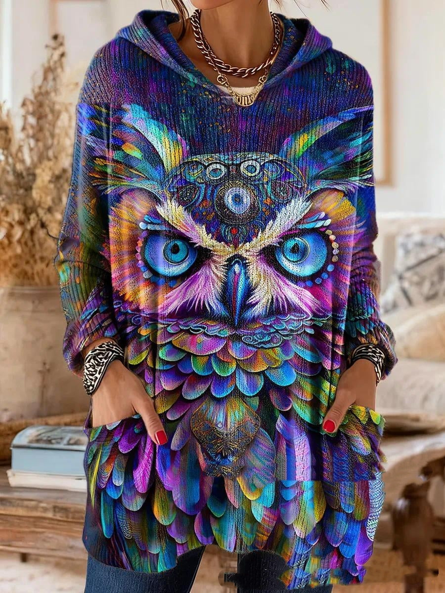 Alice retro ethnic print hooded tunic in the mixed multicolor print, loose tunic fit with long sleeves and a hood