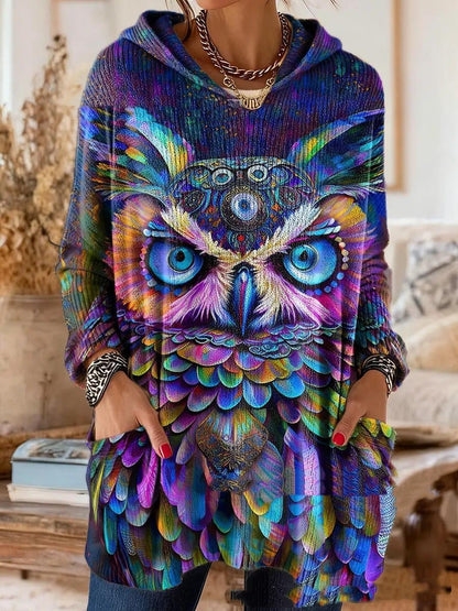 Alice retro ethnic print hooded tunic in the mixed multicolor print, loose tunic fit with long sleeves and a hood