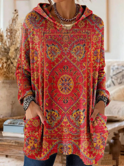 Alice retro ethnic print hooded tunic in red, loose tunic fit with long sleeves and a hood