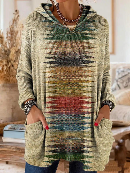 Alice retro ethnic print hooded tunic in light green, loose tunic fit with long sleeves and a hood