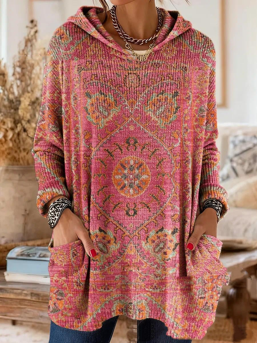 Alice retro ethnic print hooded tunic in pink, loose tunic fit with long sleeves and a hood
