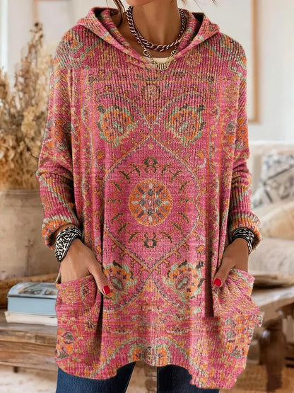 Alice retro ethnic print hooded tunic in pink, loose tunic fit with long sleeves and a hood