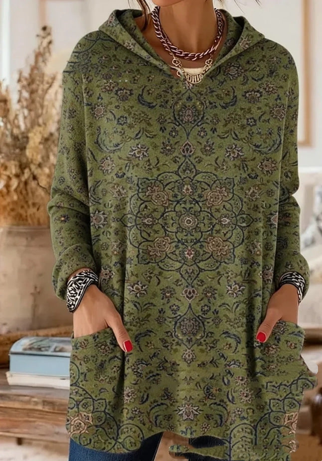 Alice retro ethnic print hooded tunic in olive green, loose tunic fit with long sleeves and a hood