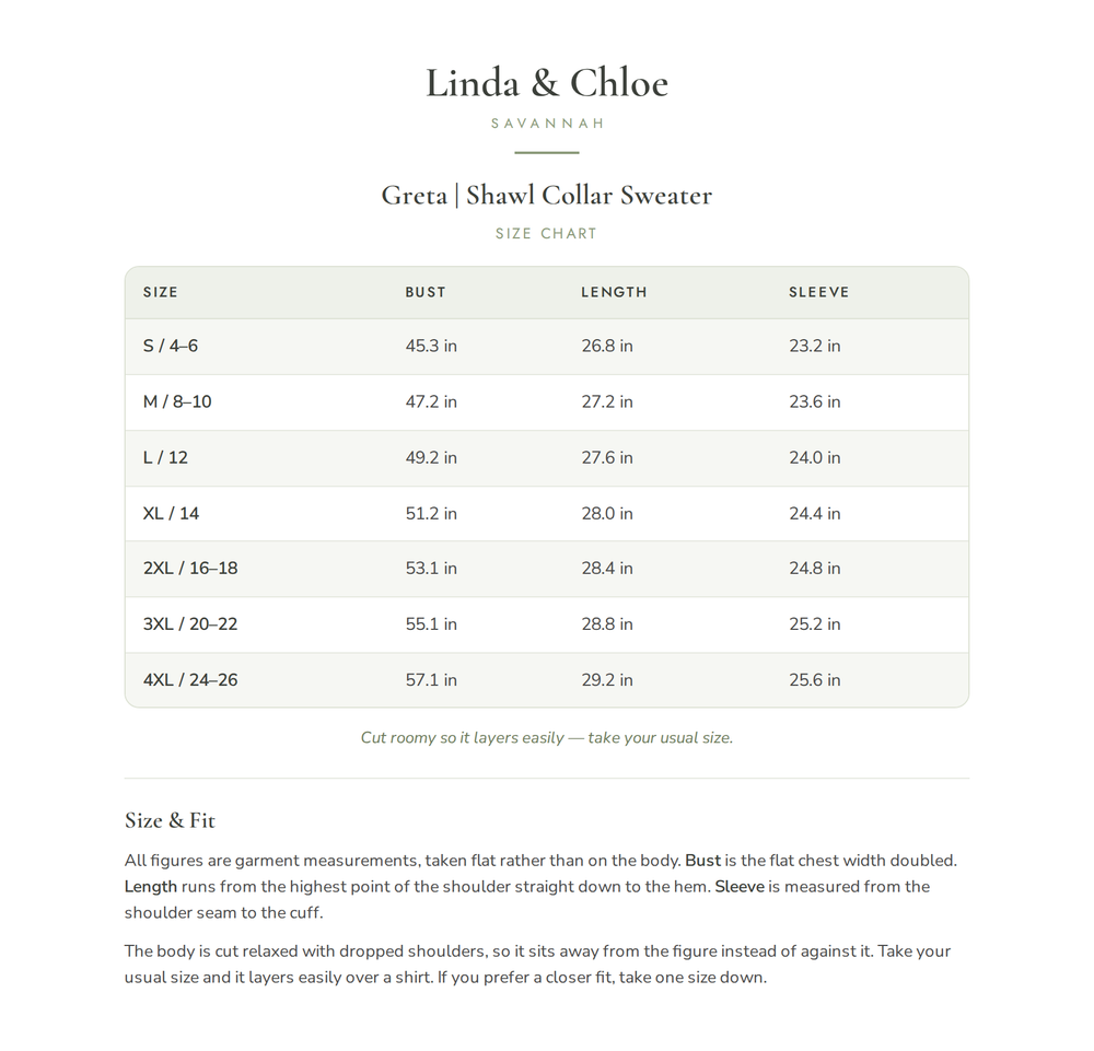 Greta | Shawl Collar Sweater Size Chart