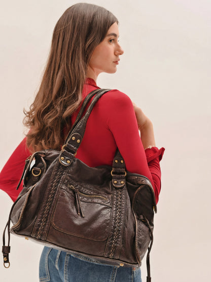 Edyisa dark brown vintage leather city bag, front view