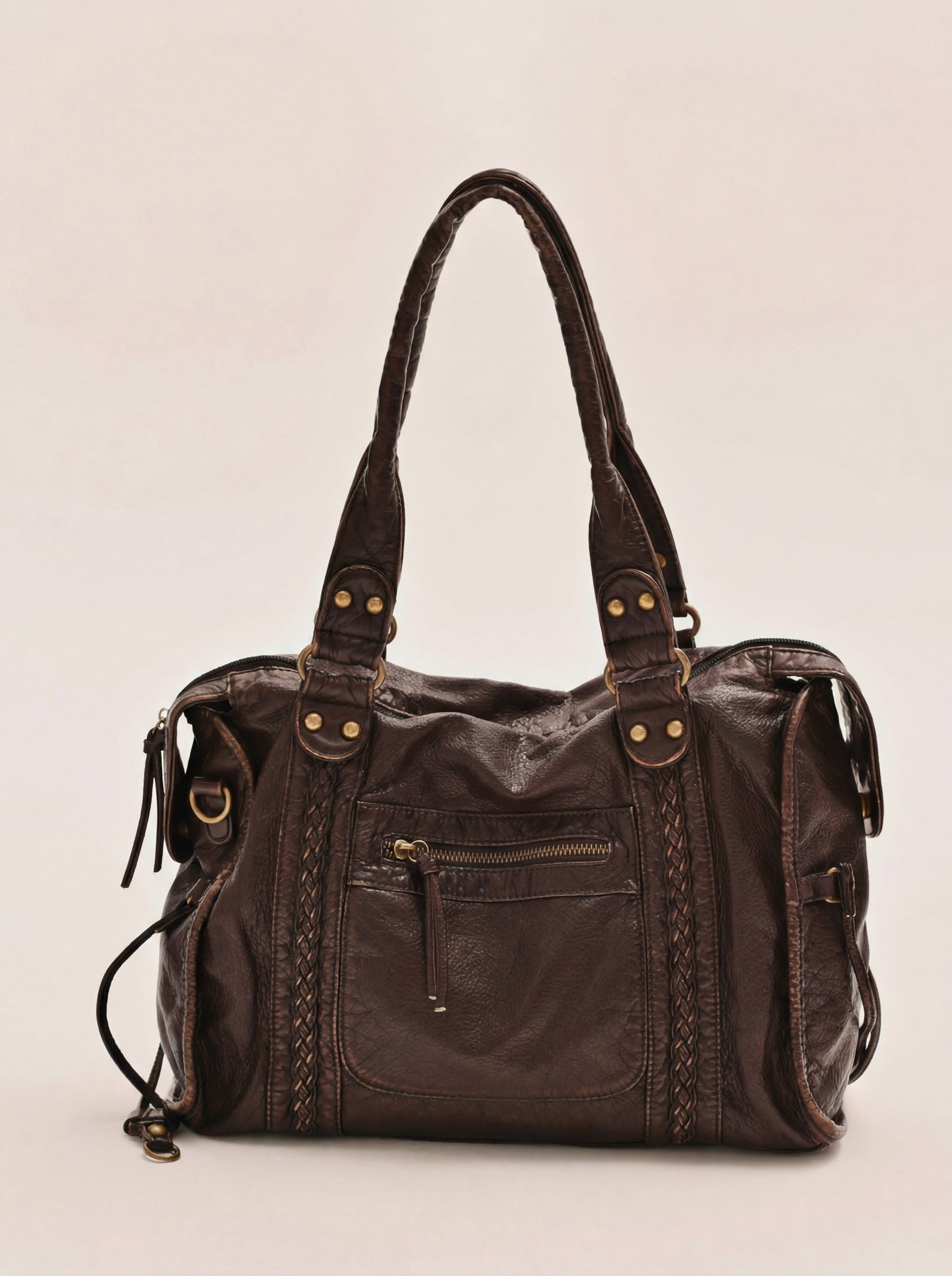 Edyisa dark brown leather city bag carried by hand