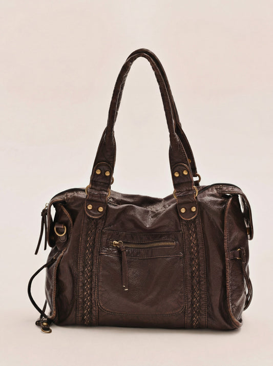 Edyisa dark brown leather city bag carried by hand