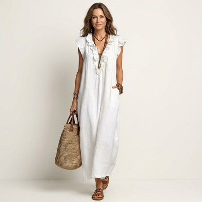 Lisette | Ruffle V-Neck Linen Maxi Dress