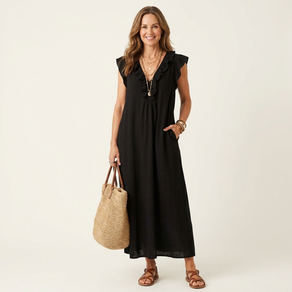 Lisette | Ruffle V-Neck Linen Maxi Dress