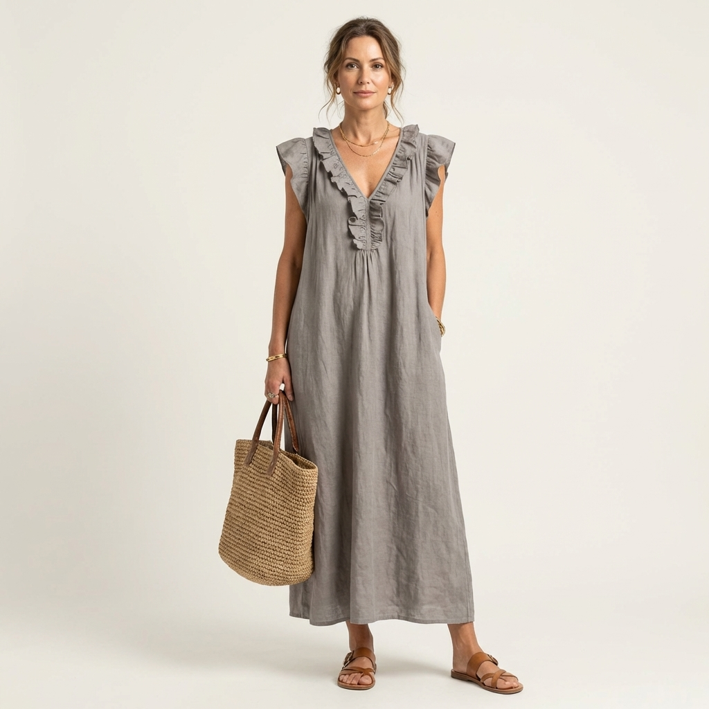 Lisette | Ruffle V-Neck Linen Maxi Dress